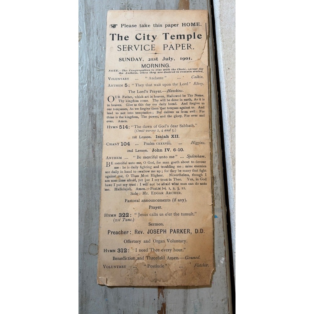 1901 City Temple London Church Service Paper Rev. Joseph Parker Antique Ephemera